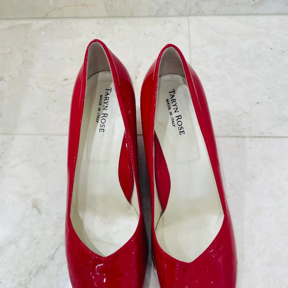 TARYN ROSE {39.5} Red Wedge Patent Leather Peep Toe Candy Apple Red 